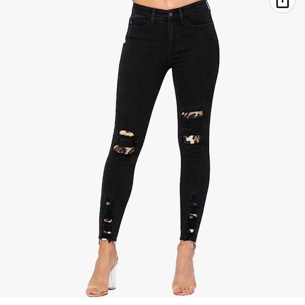 Judy Blue Black Destroyed Leopard Patch Mid-Rise Skinny Jeans